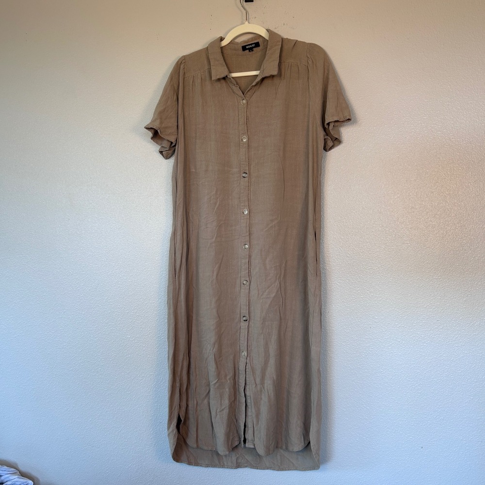 Wishlist Tan Linen Blend Button Down Midi Shirt Dress Short Sleeve Women's L